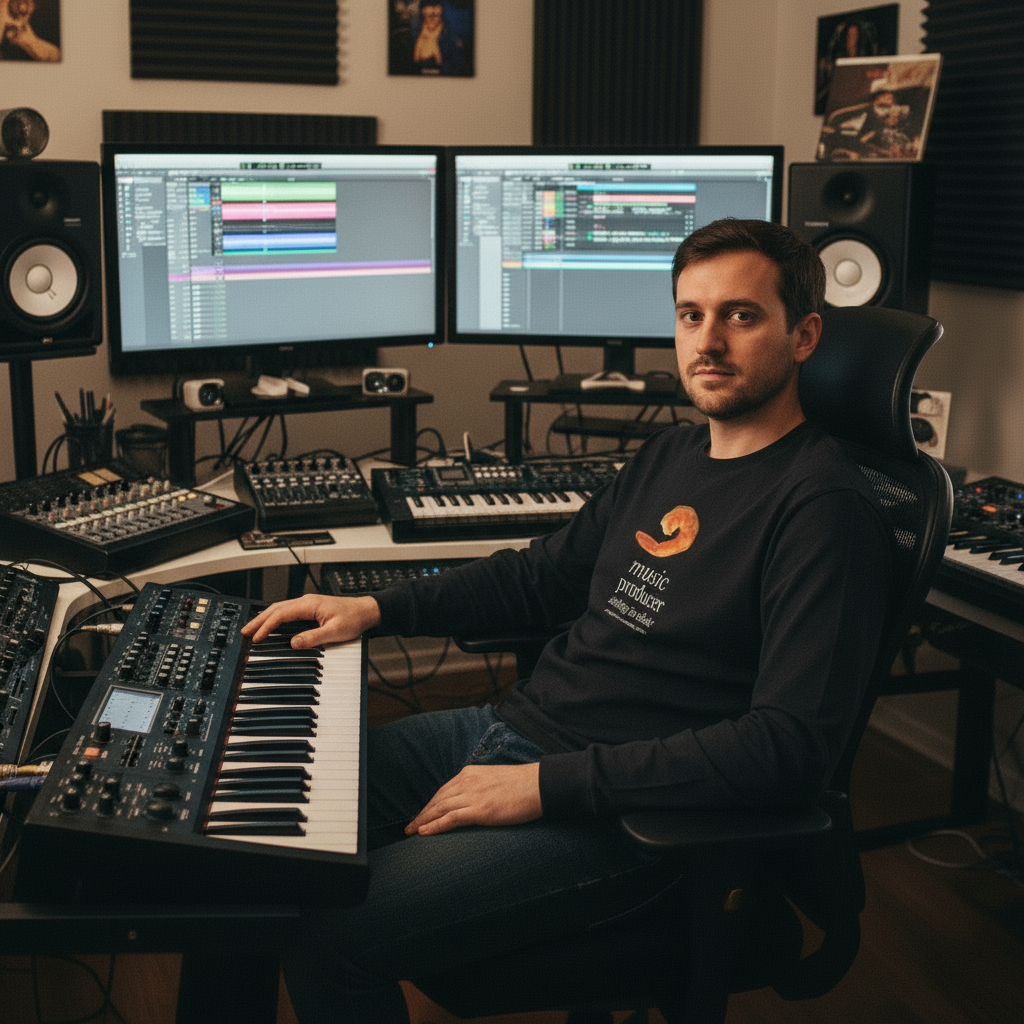 Music Producer Sitting In Chair [Acryllic On Canvas, 2025] - Shrimp Posture Long-Sleeve T-Shirt