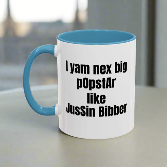 'I yam nex big pOpstAr like Jussin Bibber' - Color Accent Mug