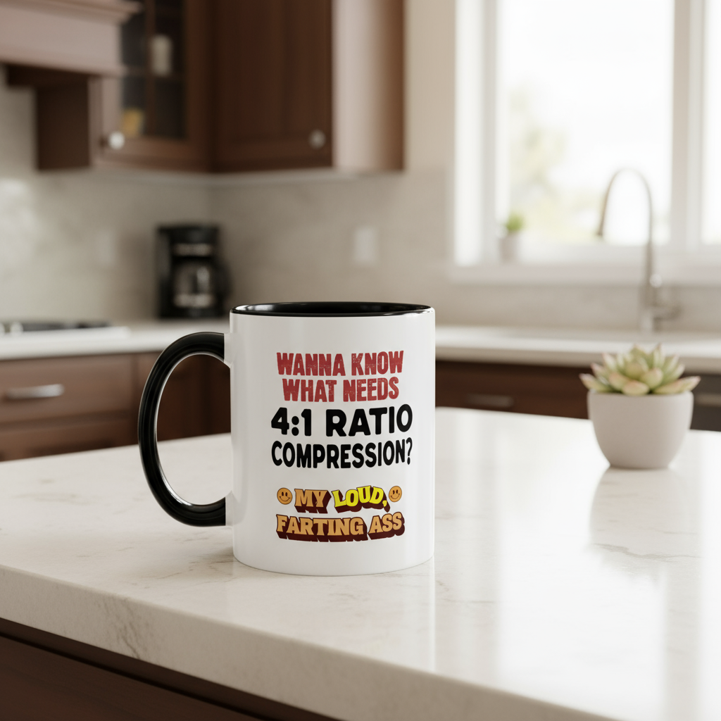 "Wanna Know What Needs 4:1 Ratio Compression? My Loud Farting Ass" - B&W Accent Mug (11oz.)